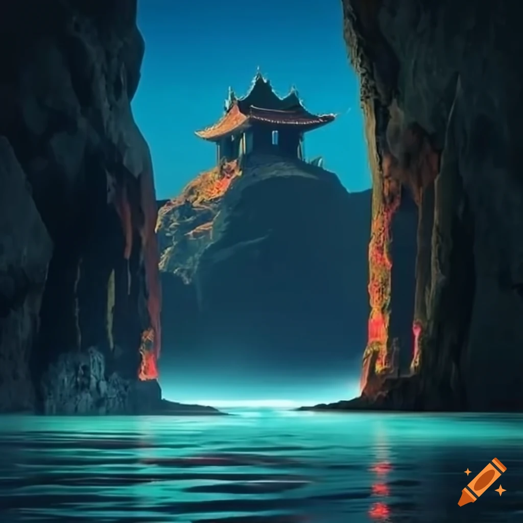 temple on a lava lake in a cave