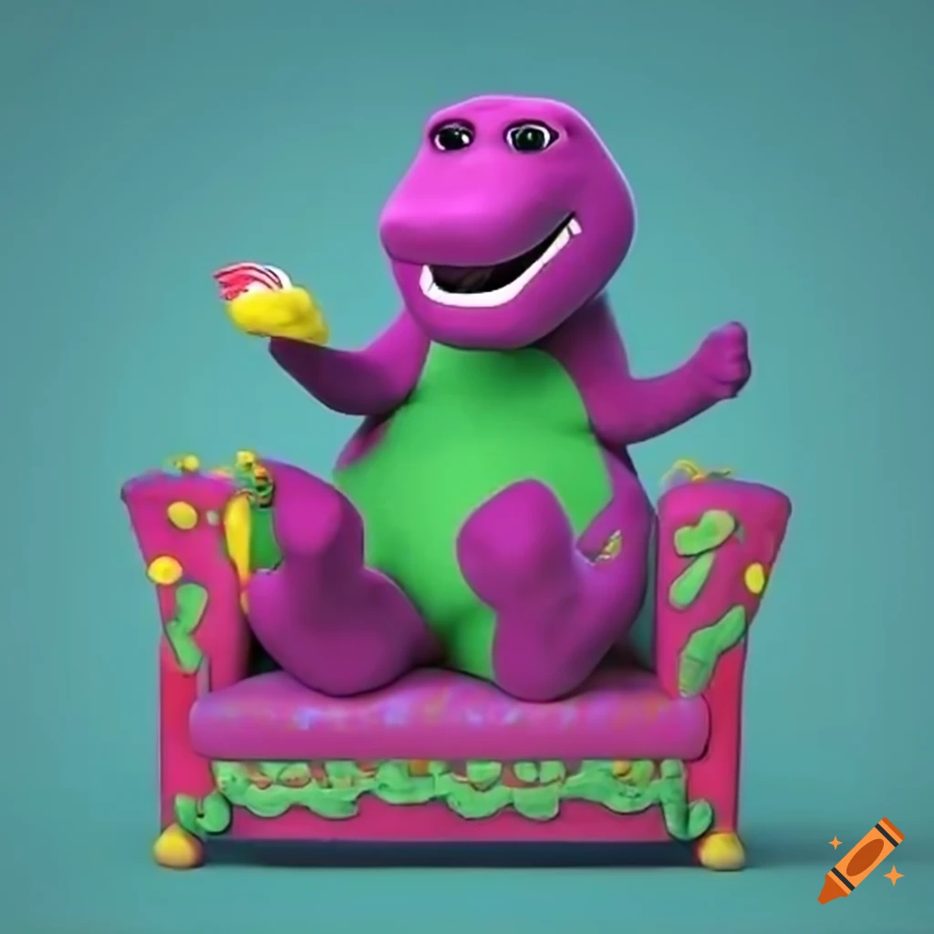 3d render of barney the dinosaur eating a couch