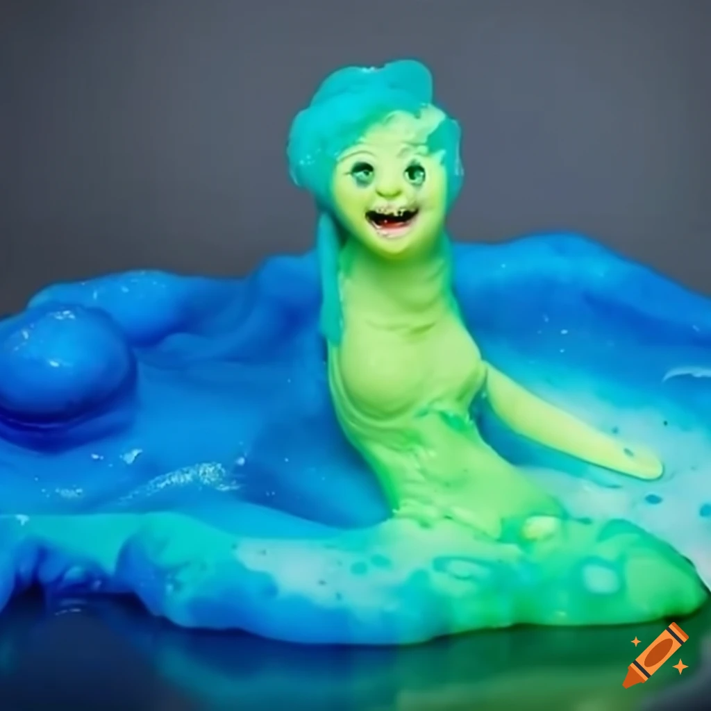 happy female water elemental made of colorful slime