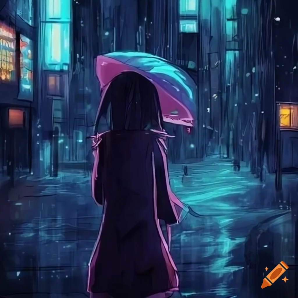 anime girl in a rainy Tokyo night