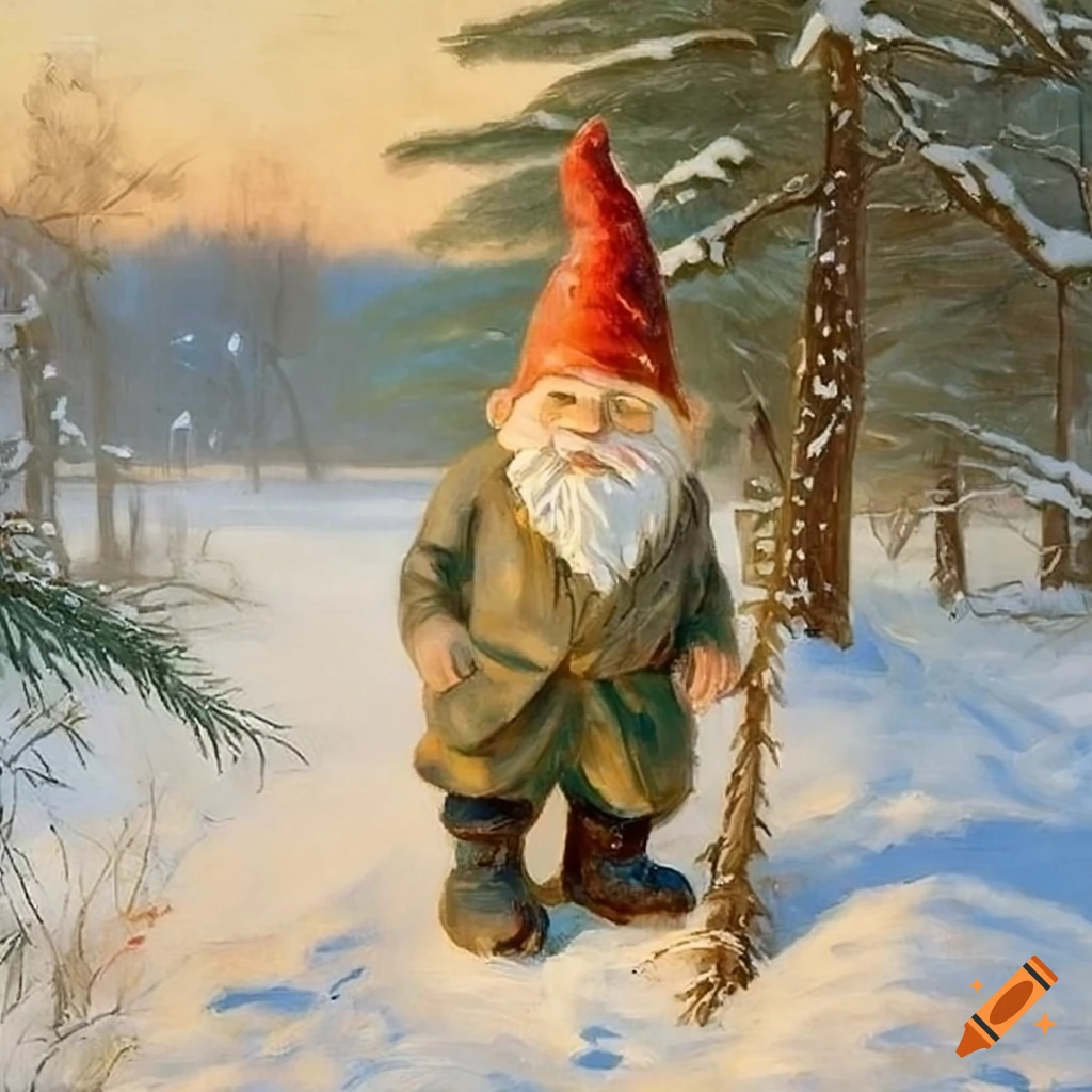 painting of a garden gnome in a snowy garden