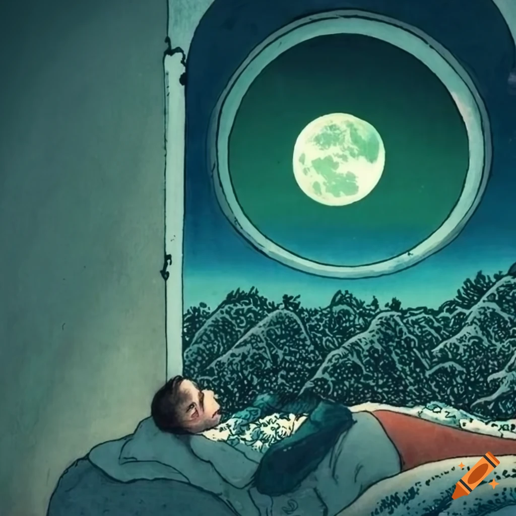 Painting Of A Person Lying In Bed Under Green Moonlight