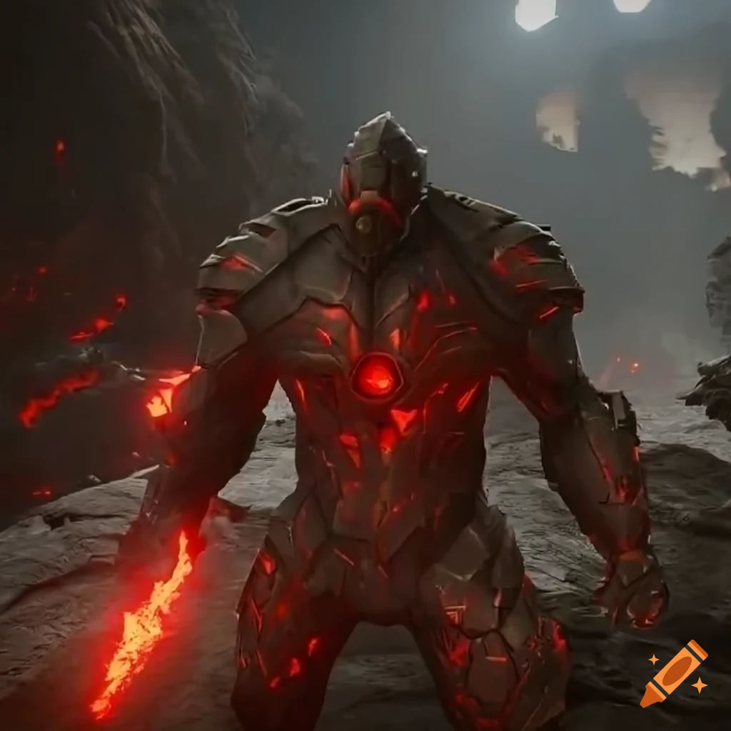 portrait of a black stone armored golem cyborg