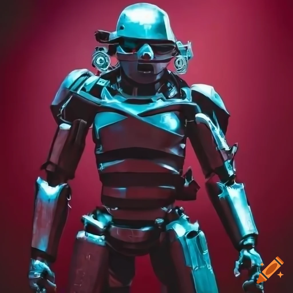digital illustration of an armored man with a robot mask and machete
