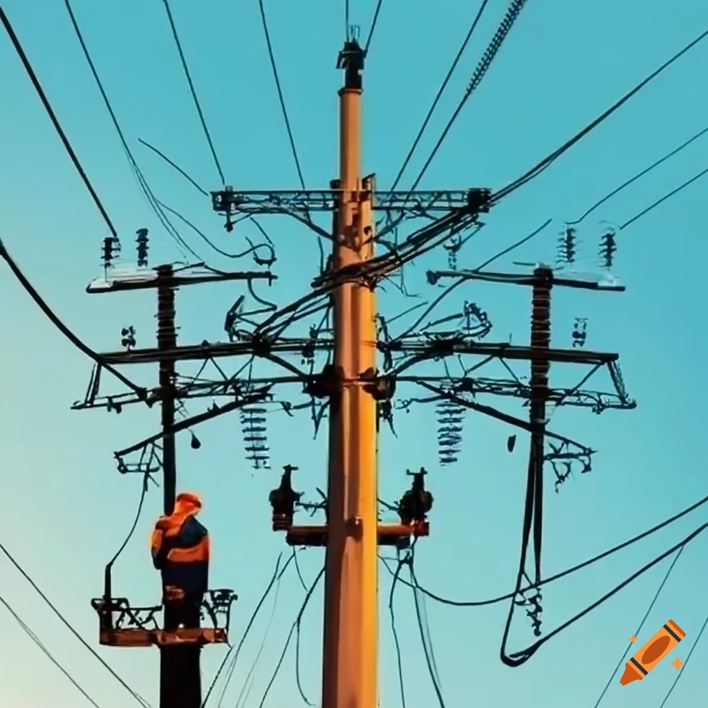 electricians repairing power lines on distribution poles
