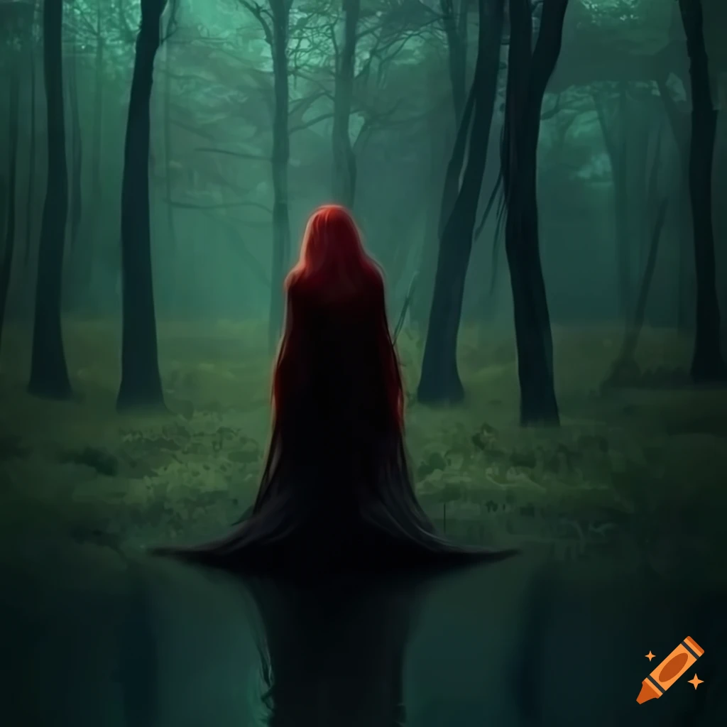 Image of a mysterious woman with long red hair in a forest on Craiyon