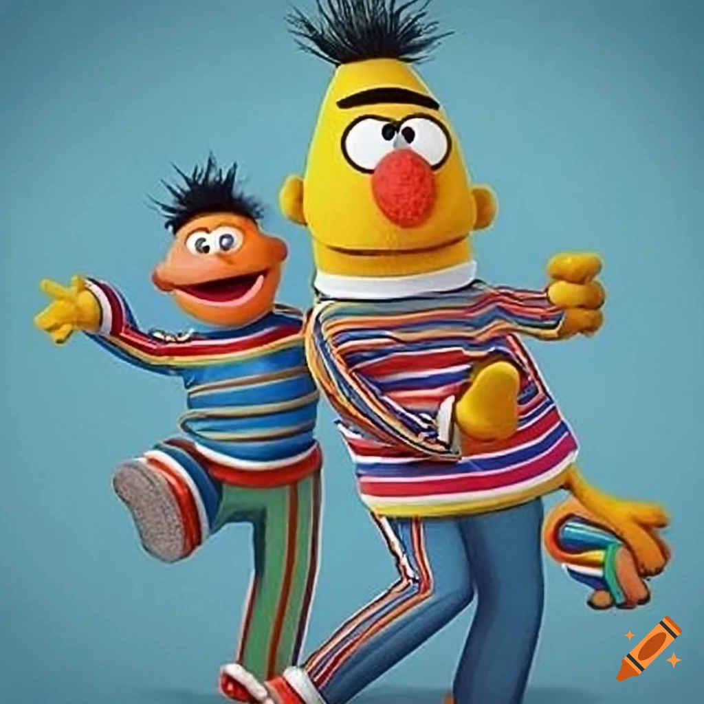 funny illustration of Ernie, Bert, and a dinosaur