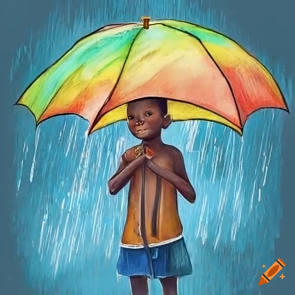 illustration of a Nigerian boy standing in the rain with an umbrella