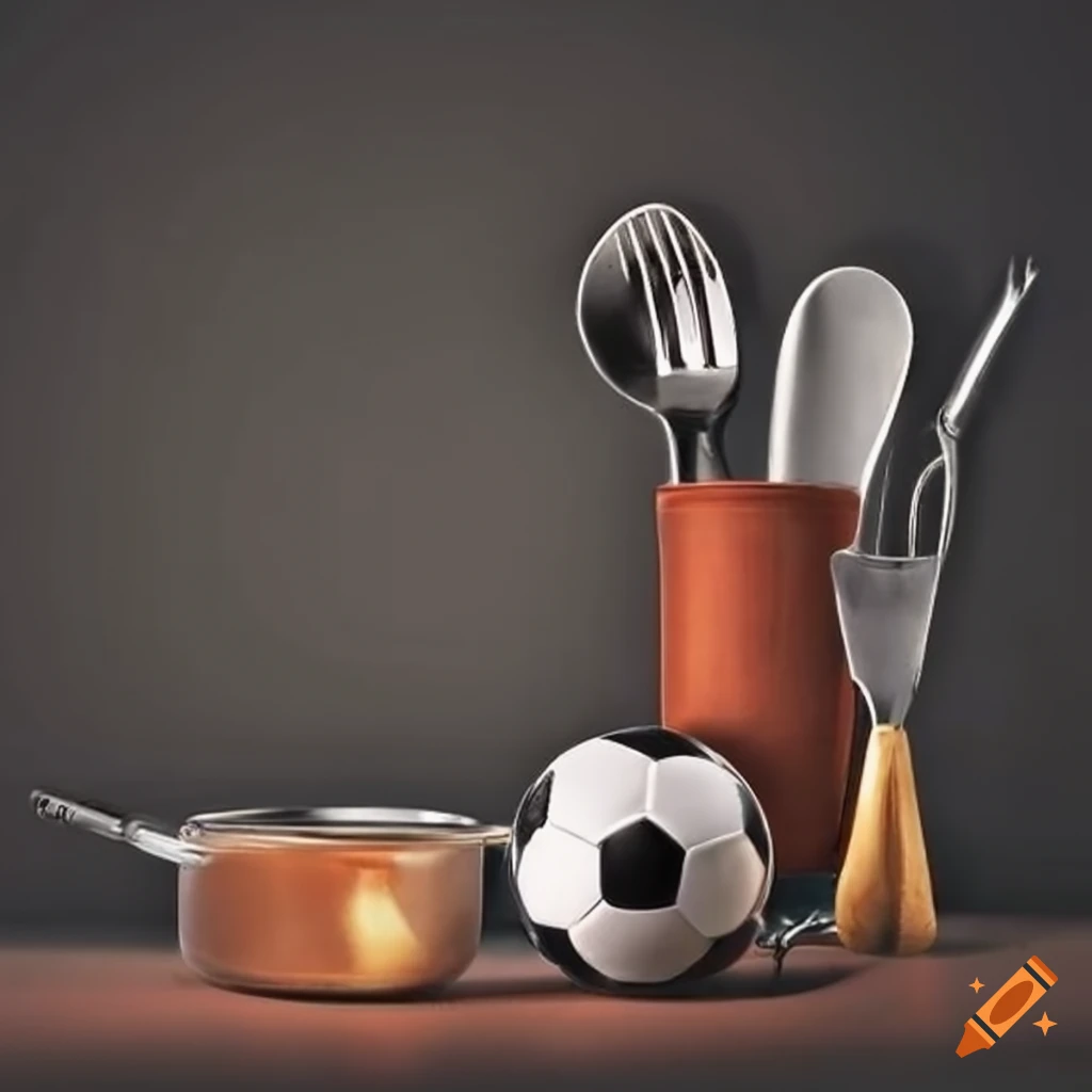 combination of cooking utensils and football equipment