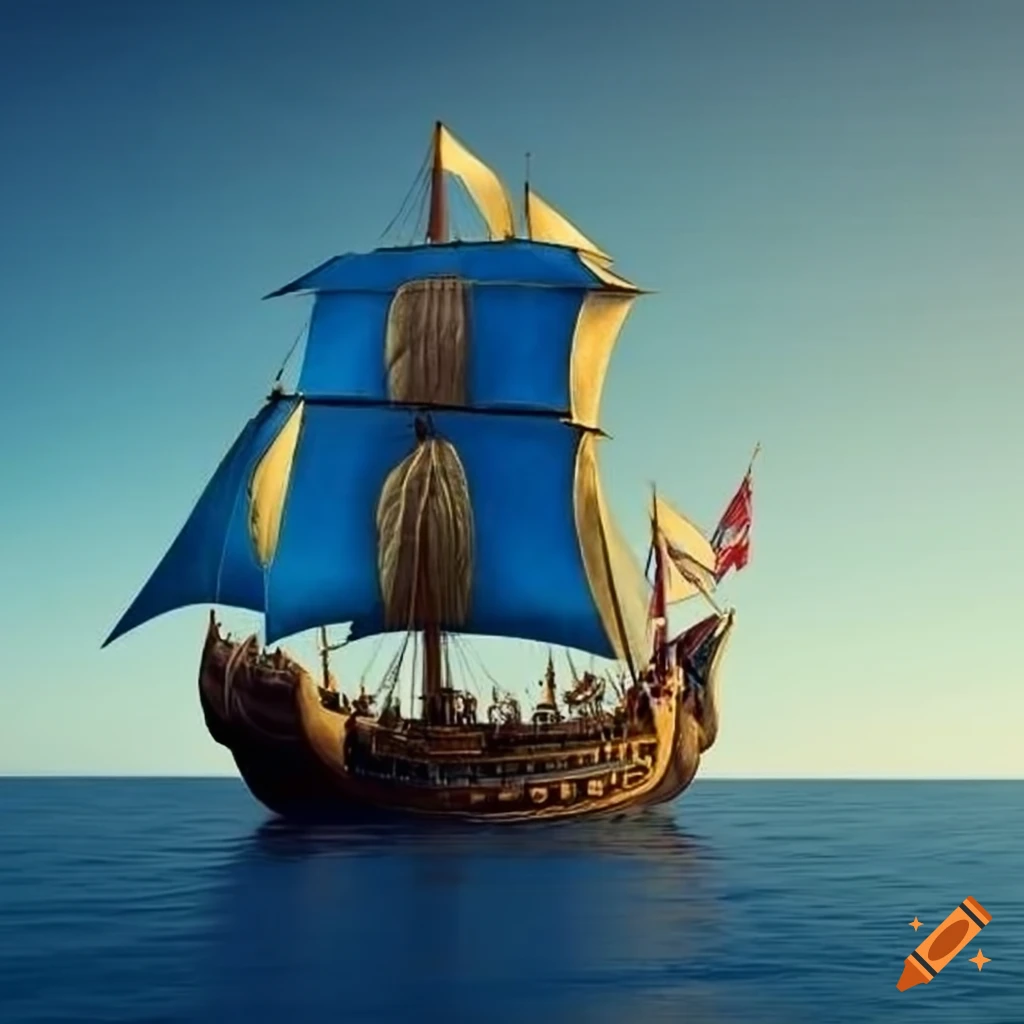 sailing ship with blue and gold sails on the sea