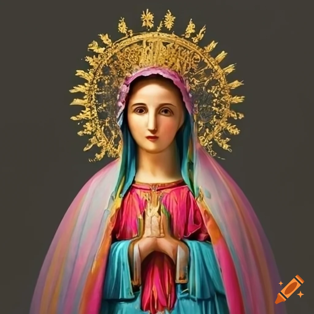 artwork of the Virgin Mary surrounded by colorful flowers