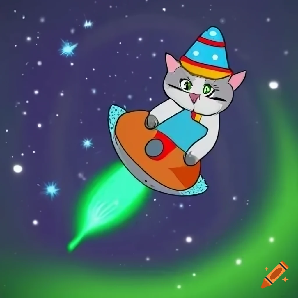 Digital art of a cat riding a rocket in space