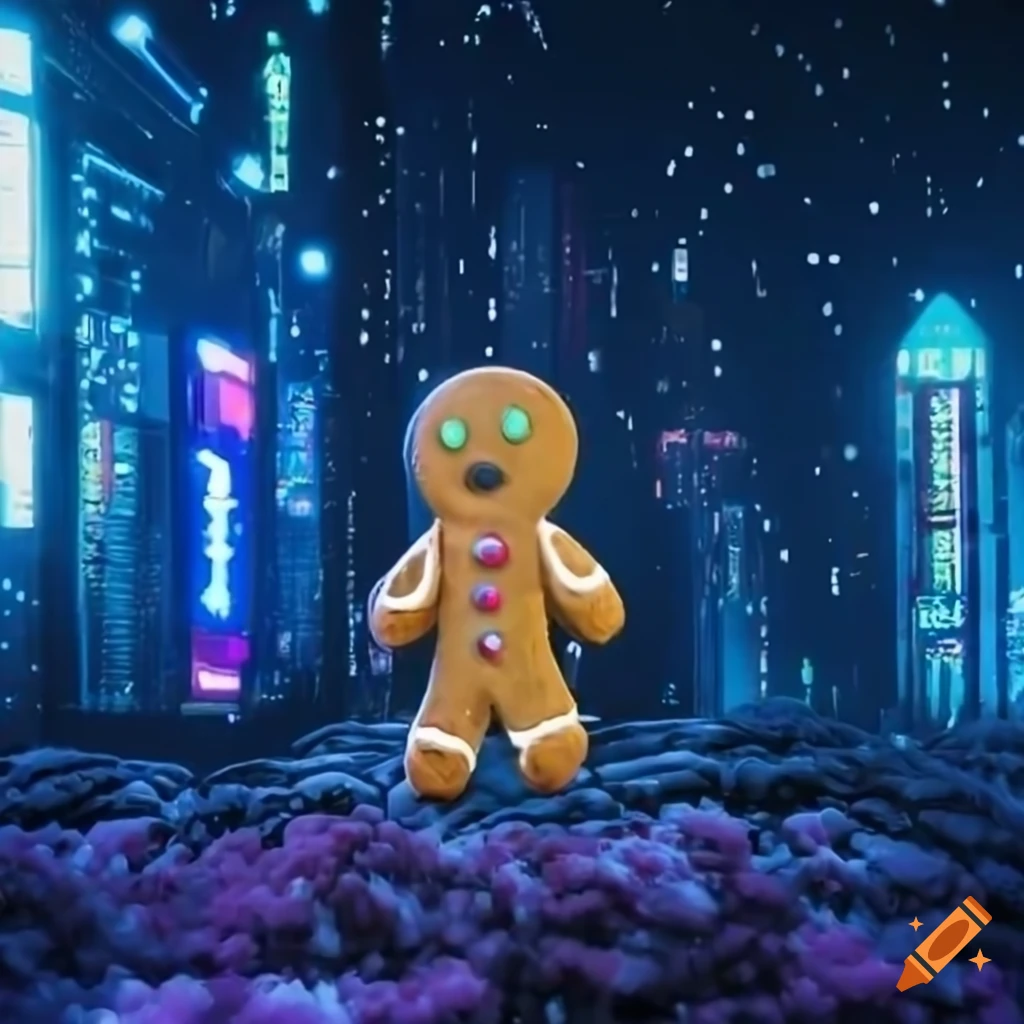 Gingerbread man in a snowy cyberpunk city