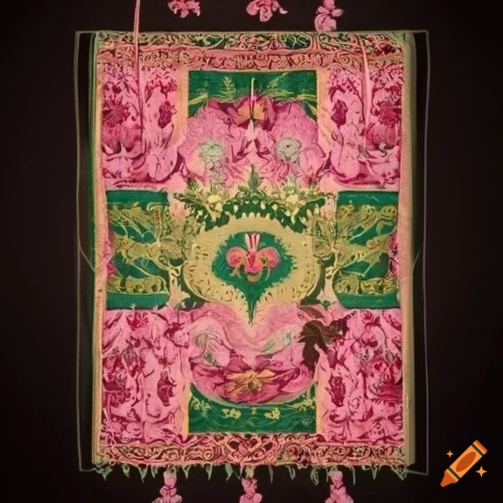 pink and green floral medieval tapestry motif