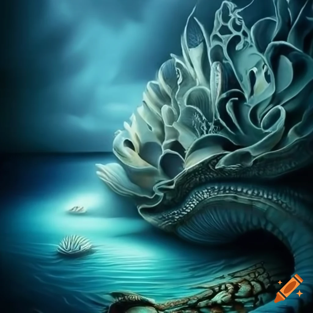surrealistic shore with glassy shells, powerful waves and eccentric flowers
