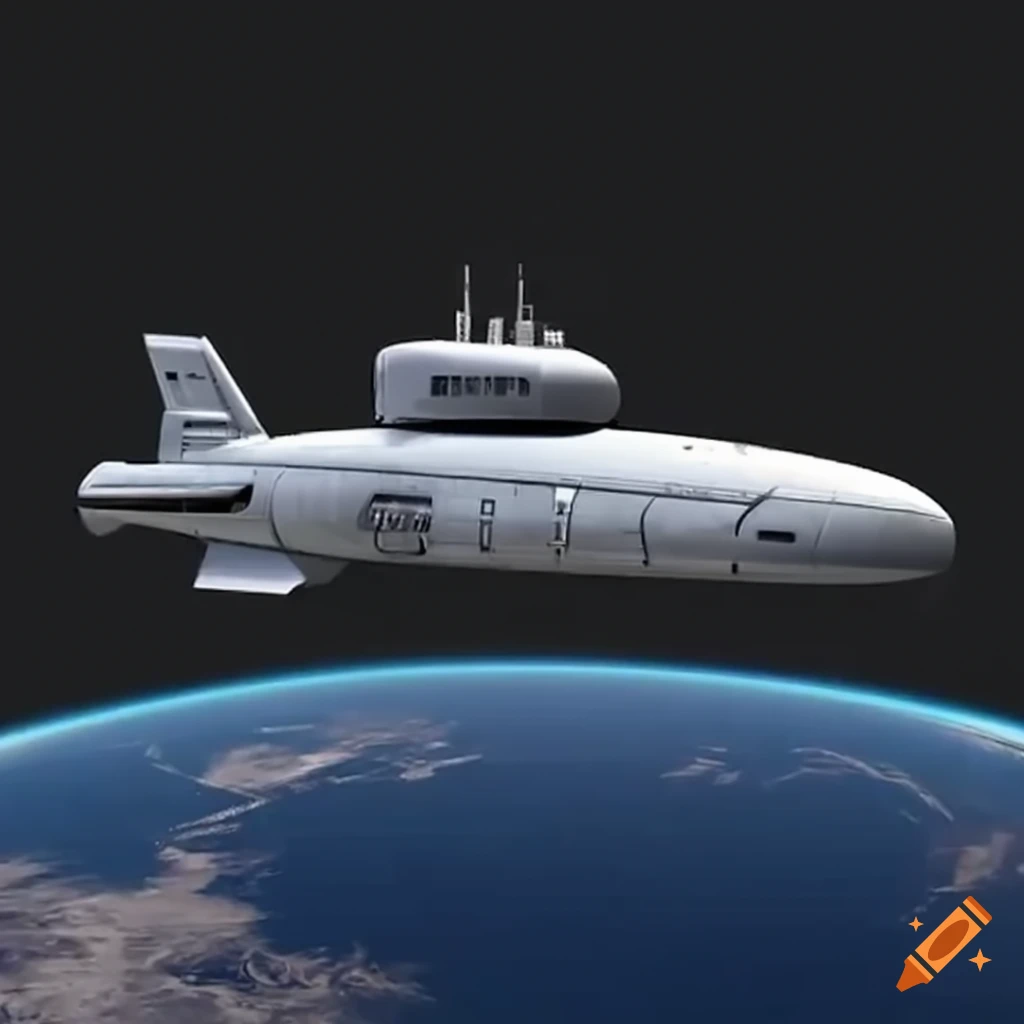 sci-fi space submarine flying above the earth