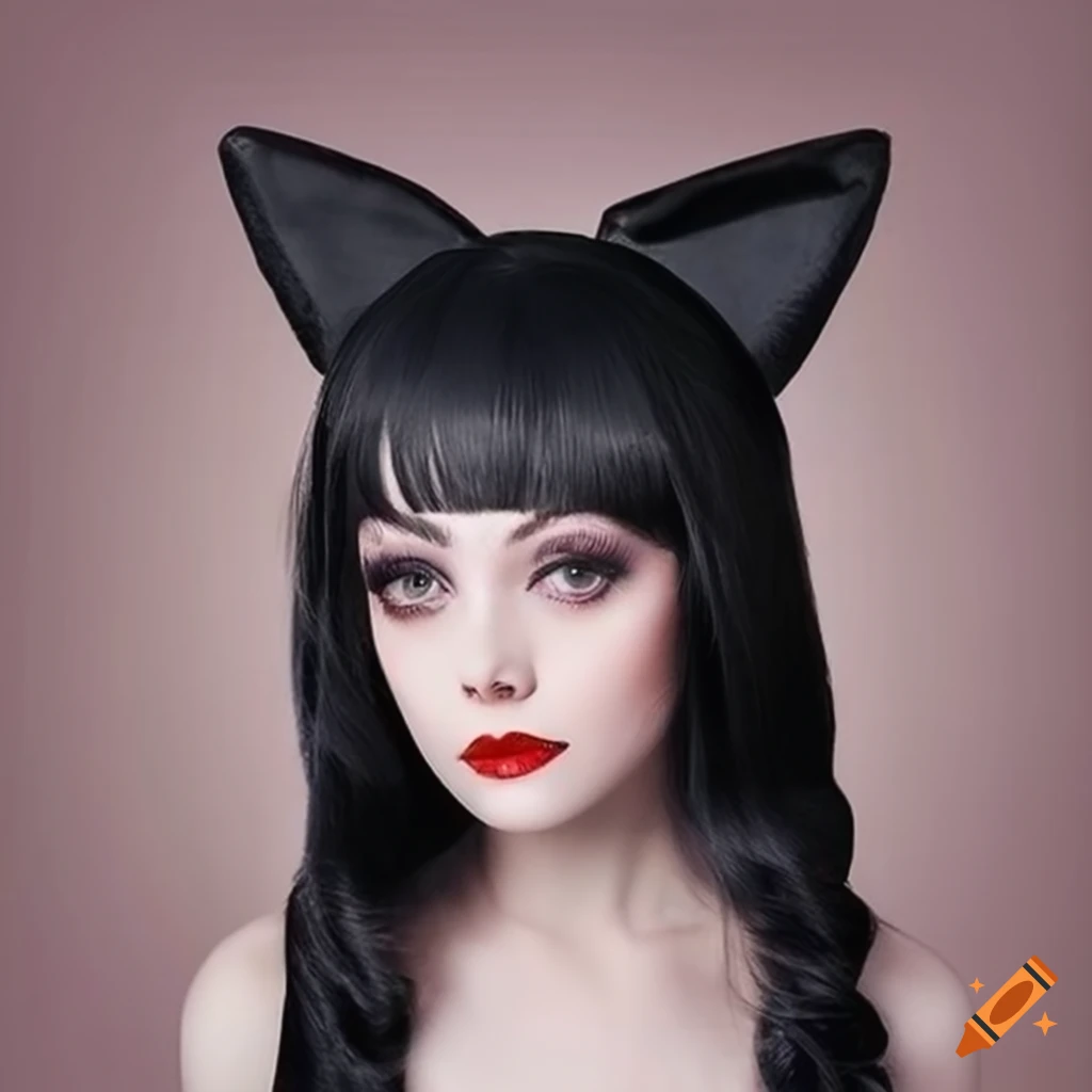 Girl cosplaying morticia addams with cat ear headband on Craiyon