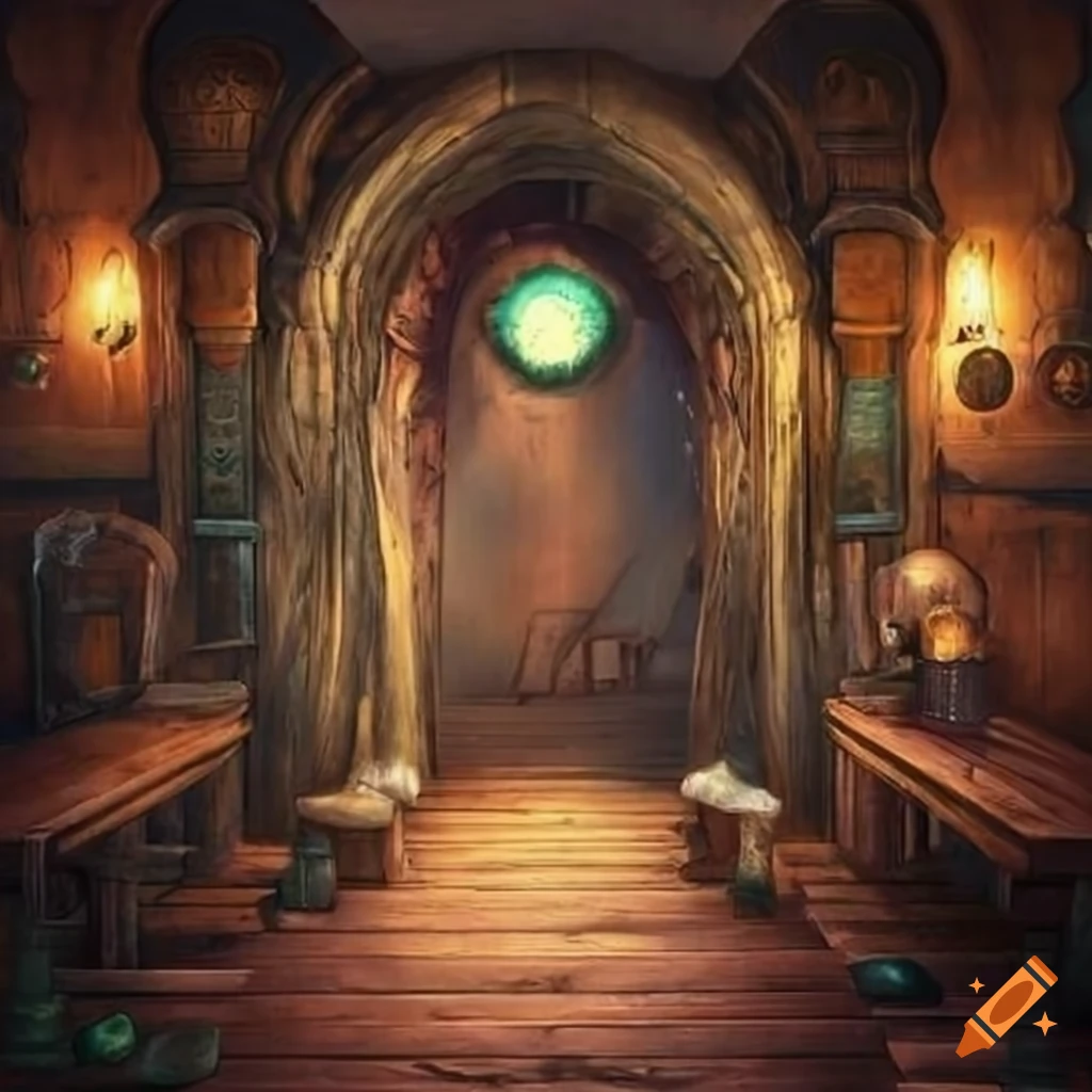 fantasy pub hallway leading to a magical portal