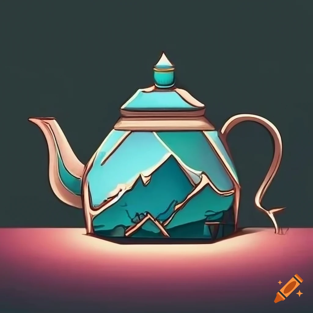 Digital art of a teapot with engraved mountain design