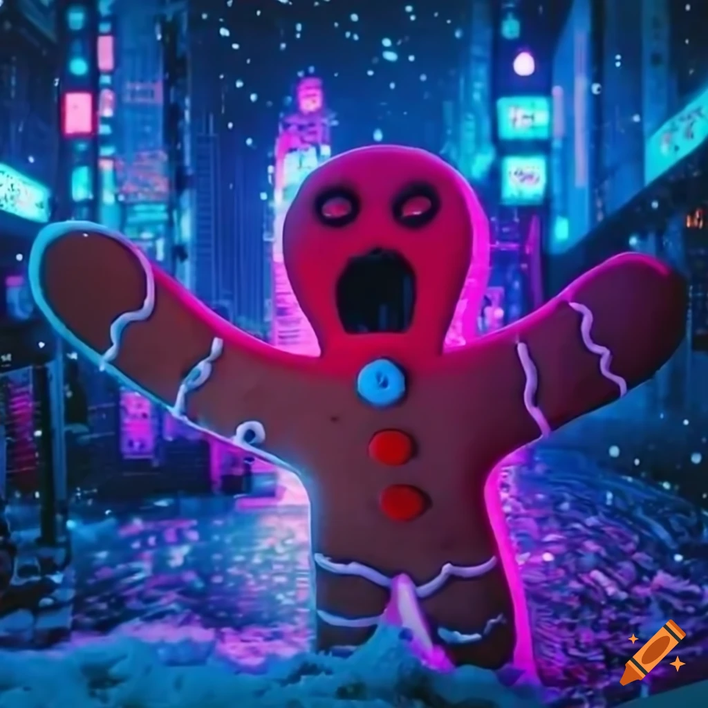 Closeup of terrified gingerbread man in cyberpunk city