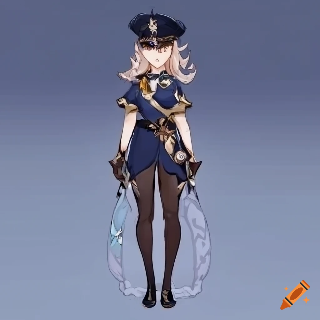 full-body design sheet of a woman in police-themed outfit