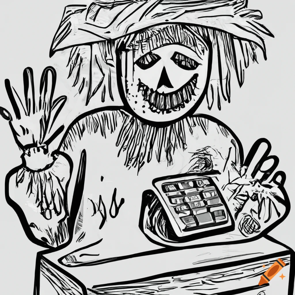 drawing of a scarecrow at a reception desk