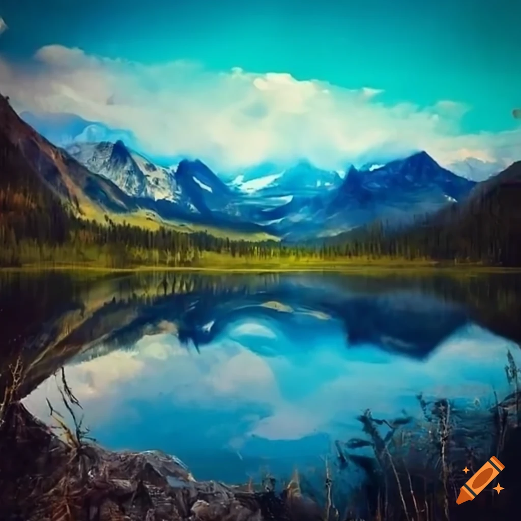 vibrant mountain landscape with a lake painted with a palette knife