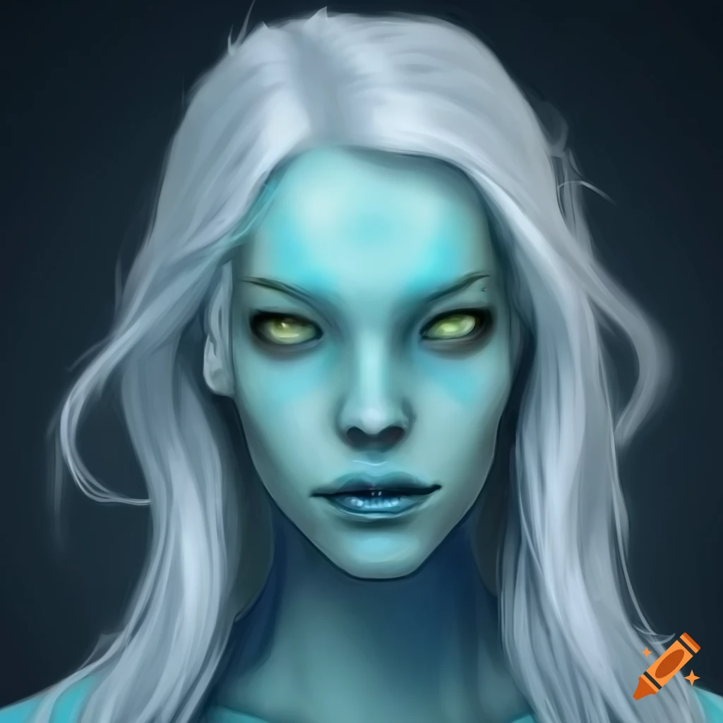 Digital art of a beautiful alien woman with pointed ears and blue skin