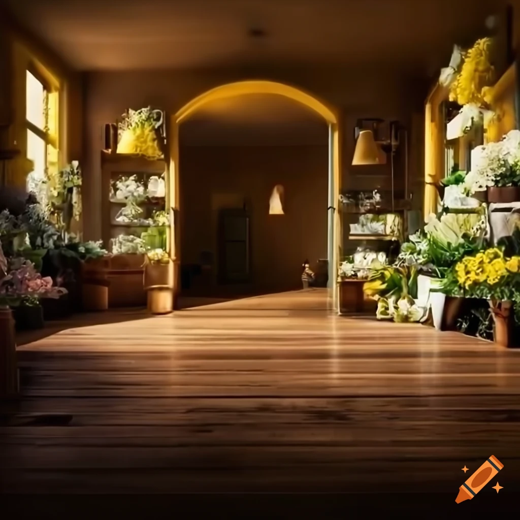 interior photography of a flower shop with wooden floor and sunlight