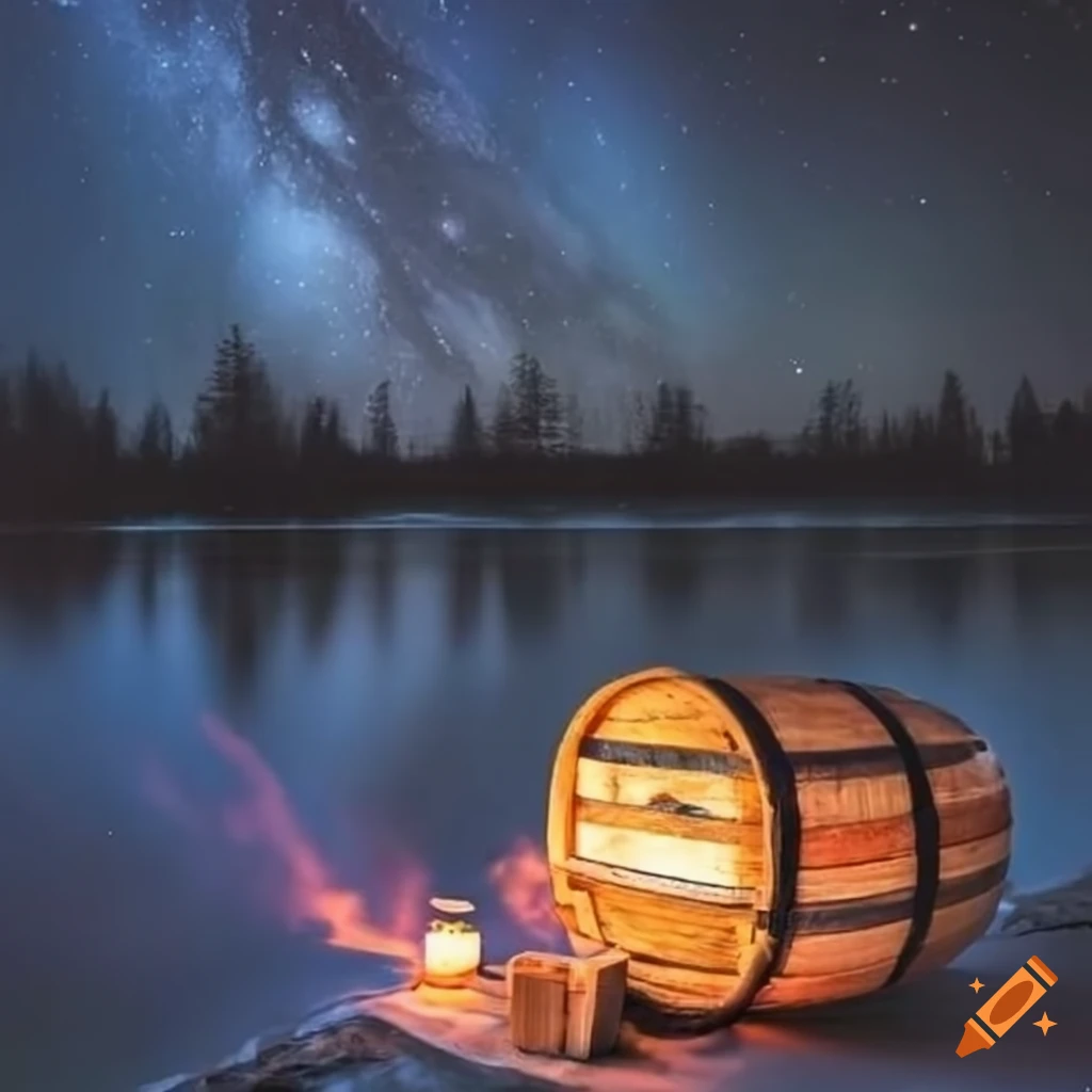 sauna next to frozen lake under starry night