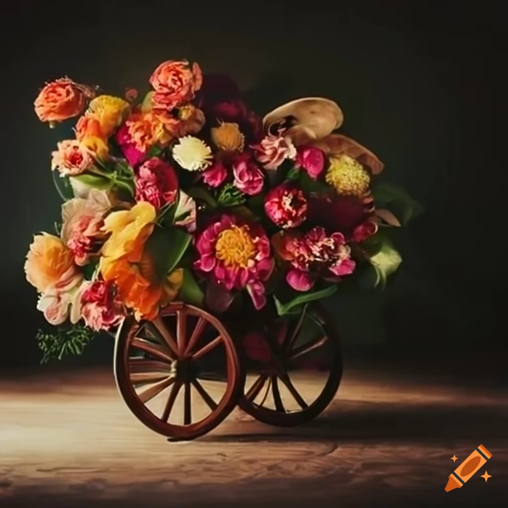 artistic perspective of flowers arranged on a cart
