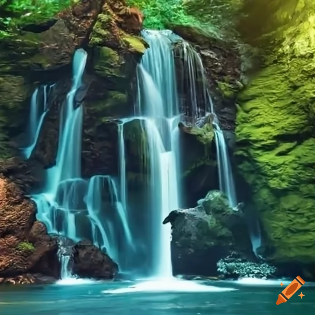 Artistic representation of a man diving in a waterfall