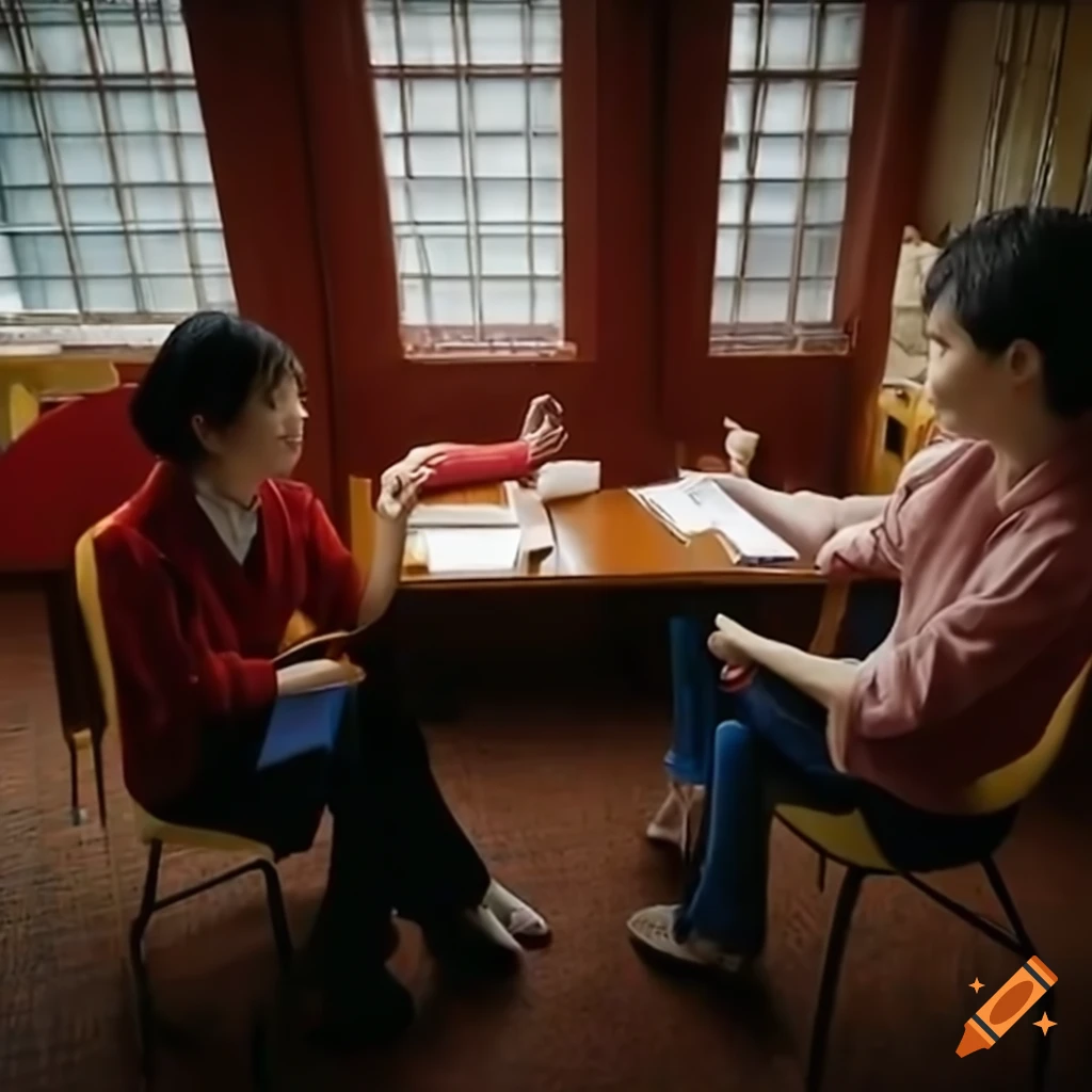 two Chinese postgraduate students interviewing each other in a classroom