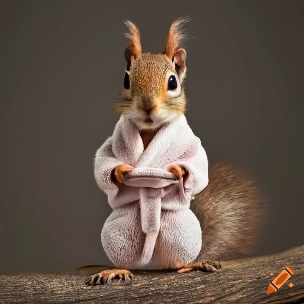 Funny image of a squirrel in a bathrobe