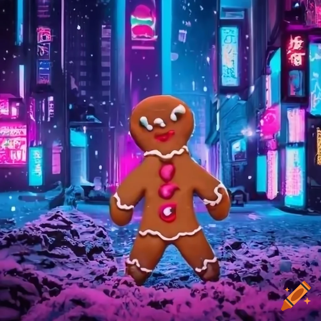 Gingerbread man in a cyberpunk city on Craiyon