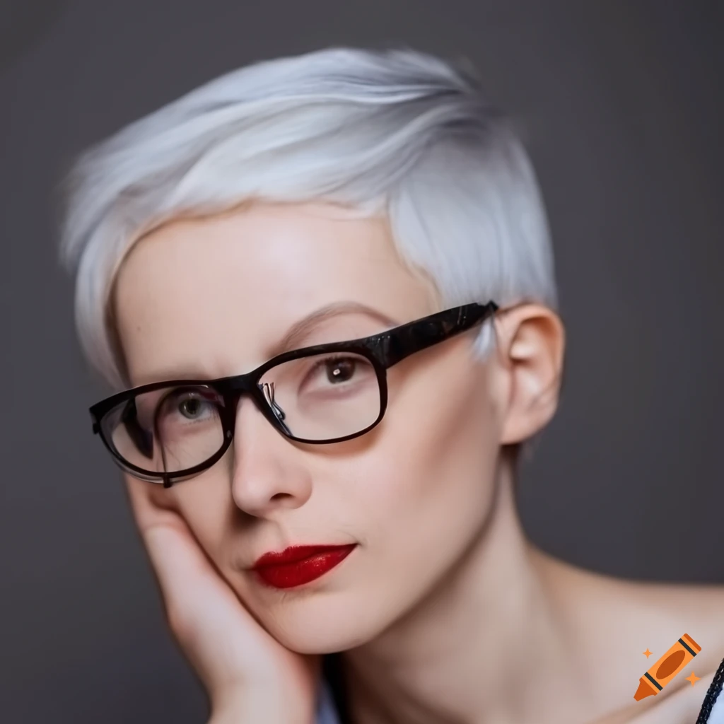 Close-up of a stylish woman with short white hair and glasses on Craiyon