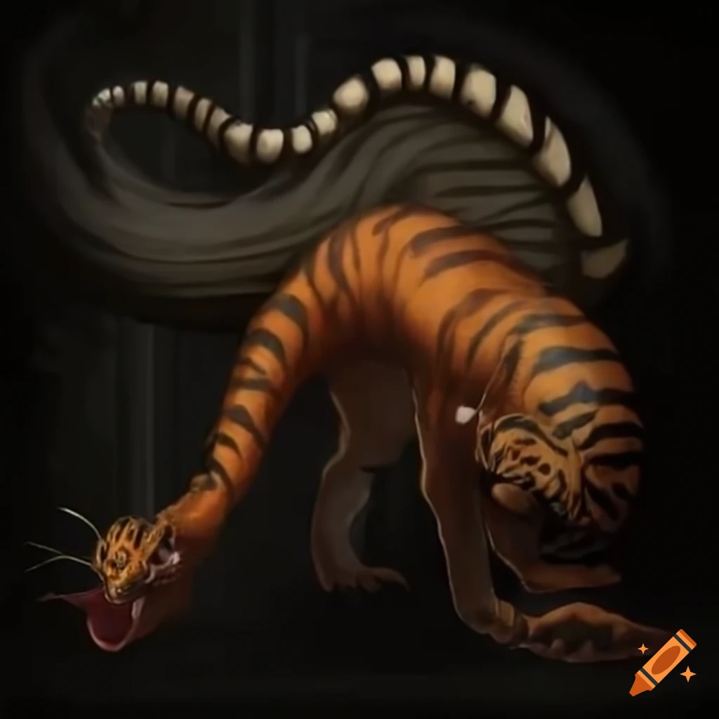 artistic depiction of a hybrid creature with tiger stripes and leech appendages