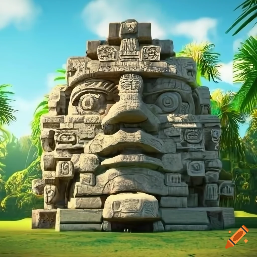 3D rendering of a stone Aztec head in a tropical forest