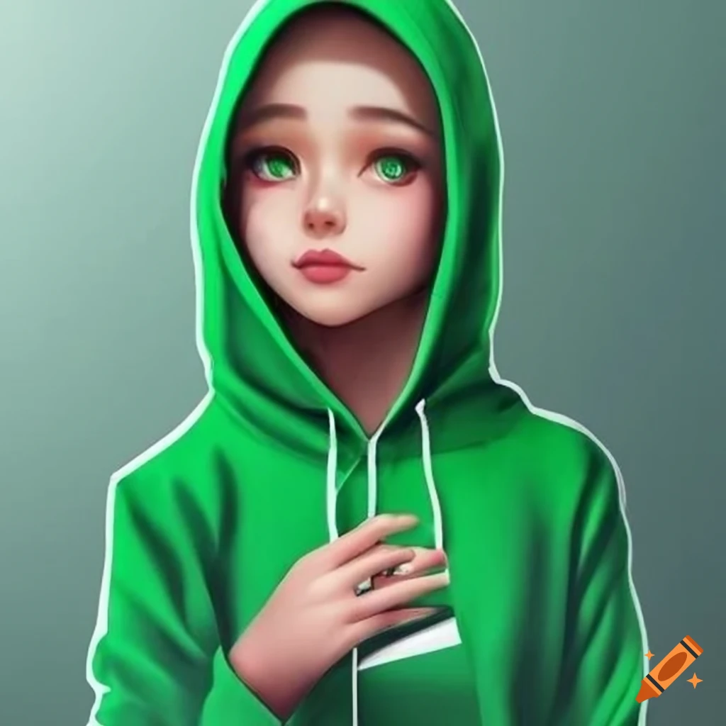3D model of a girl wearing a green hoodie and hijab with the Palestine flag