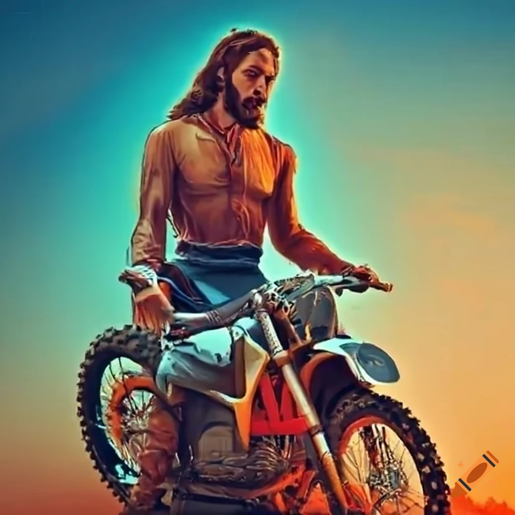artistic representation of Jesus riding a motocross bike