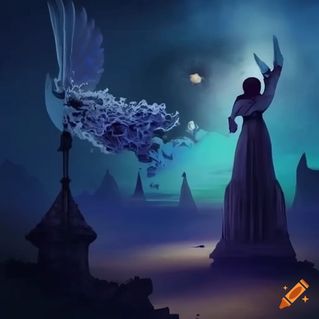 illustration of the queen of the night flying over ruins