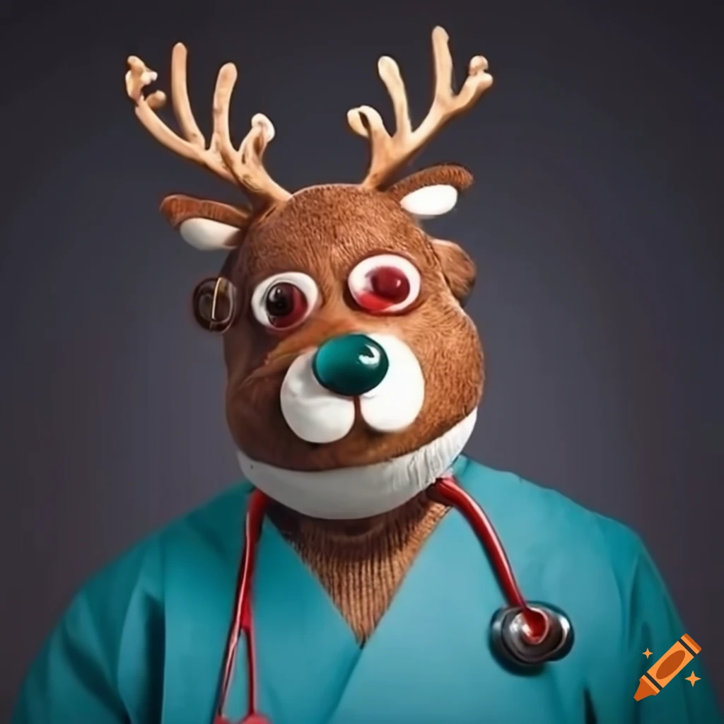 funny reindeer in surgery scrubs with a stethoscope