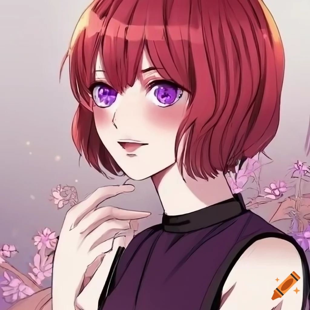 Close-up portrait of a girl with red hair and purple eyes