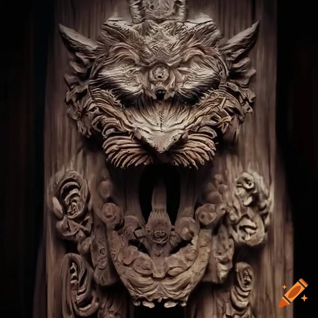 detailed carving of a moth werewolf motif