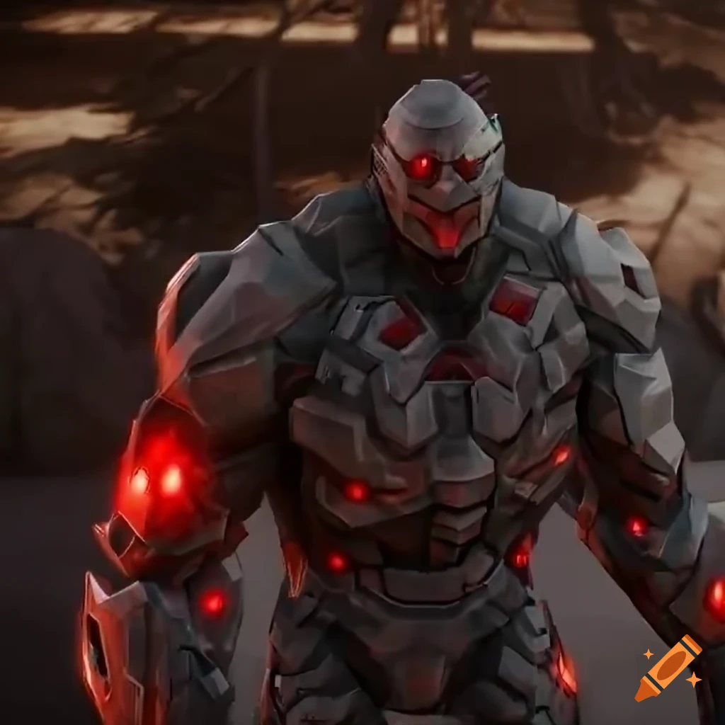 black stone armored golem cyborg with red glowing crystals