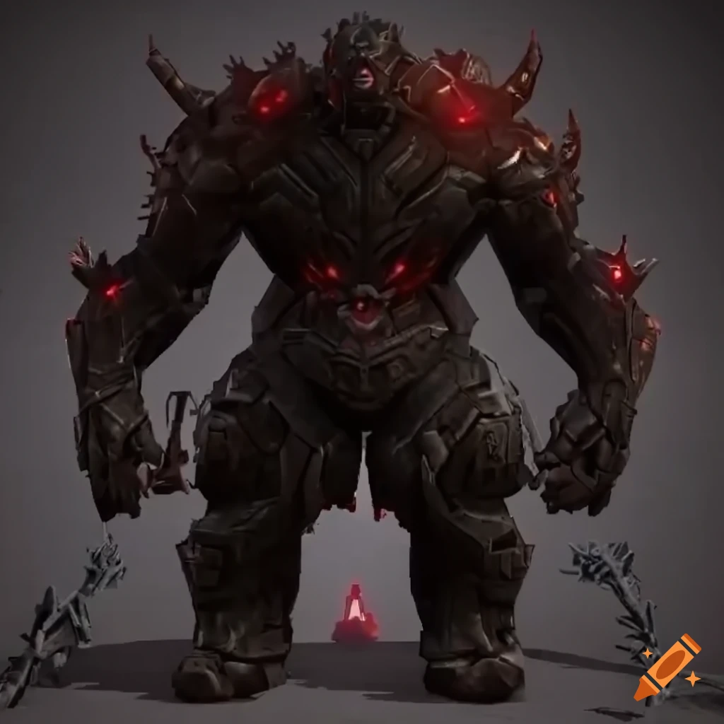 character design of a black stone armored golem cyborg