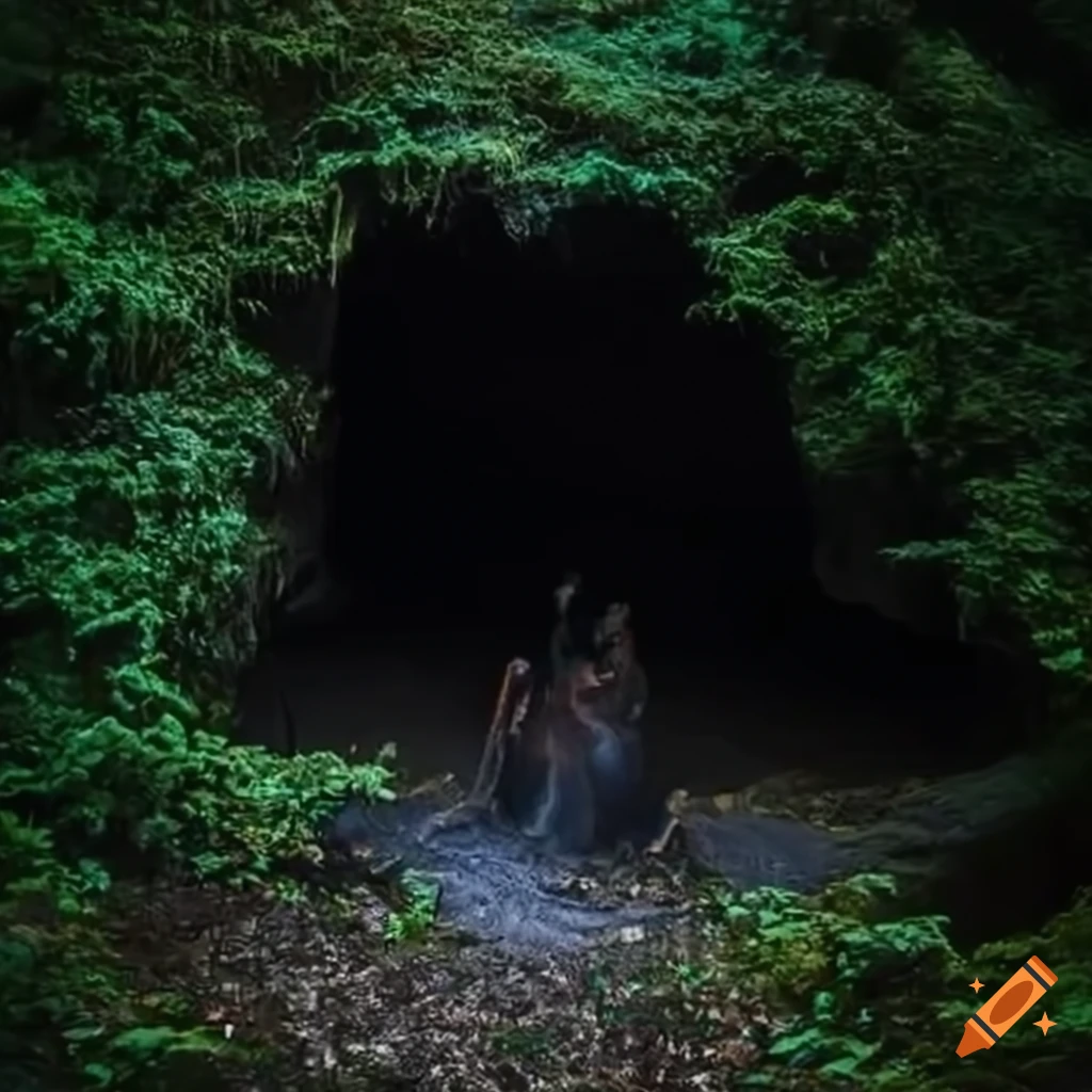 Digital art of a mysterious cave in the forest on Craiyon
