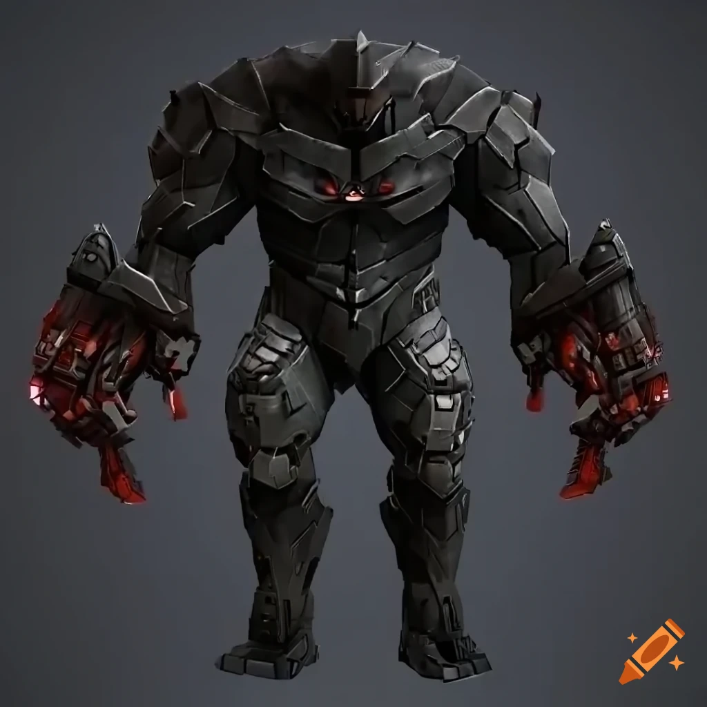 black stone armored golem cyborg with red glowing crystals