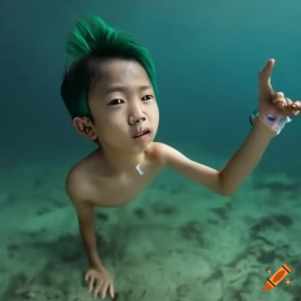 realistic art of an Asian boy with green hair floating in water