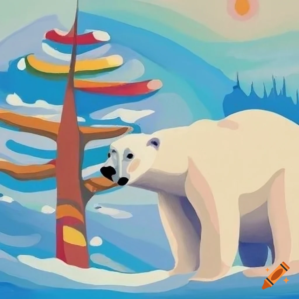 Kandinsky-style painting of a polar bear wearing a winter hat